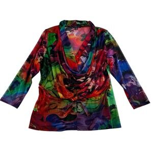 Juliette‎ XL Drape Front Blouse Top Drawstring Waist Abstract Art To Wear Mesh